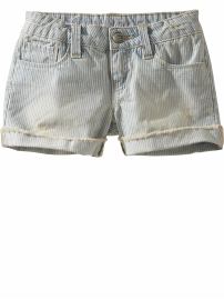 Frayed railroad stripe denim shorts