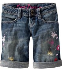 Embroidered destructed denim Bermudas