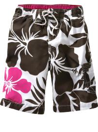 Bright hibiscus swim trunks
