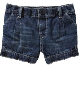 Pleated button-cuff denim shorts
