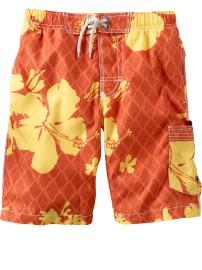 Tile-printed hibiscus swim trunks