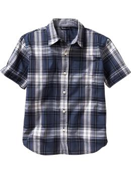 Short-sleeved navy blue plaid shirt