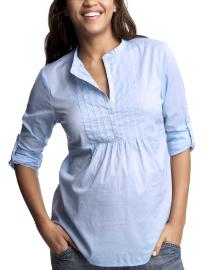 Blue roll-sleeve pintucked shirt