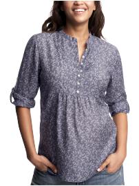 Floral roll-sleeve pintucked shirt