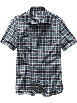 Two-pocket block plaid shirt