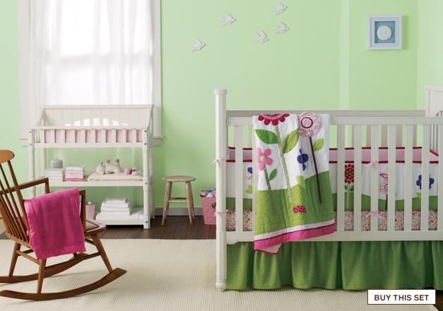 view in a room: miss ladybug's garden: inspires little ones with sweet embroidered ladybugs, birds, and flower appliqués.