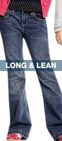 long & lean. sits at the waist, slightly loose through leg, flared leg opening