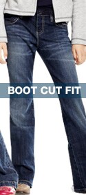 boot cut fit. sits just below the waist, slim through leg and thigh, boot cut leg opening