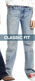 classic fit. sits at the waist, full through leg and thigh, slightly tapered leg opening