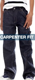 carpenter fit: sits at the waist, relaxed through leg and thigh, straight leg opening