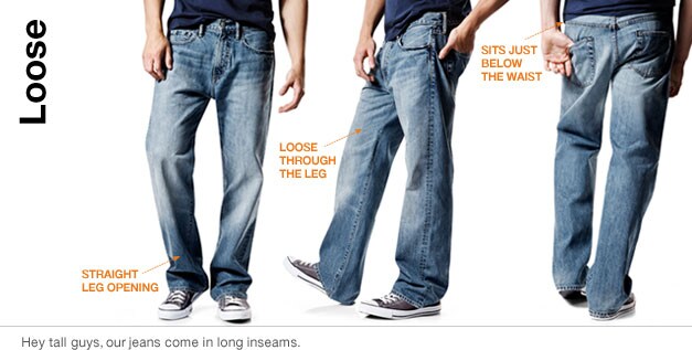 loose. straight leg opening. loose through the leg. sits just below the waist. hey tall guys, our jeans come in long inseams.
