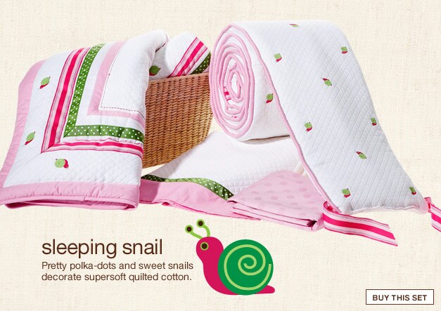 the pieces: sleeping snail: pretty polka-dots and sweet snails decorate supersoft quilted cotton. buy this set.