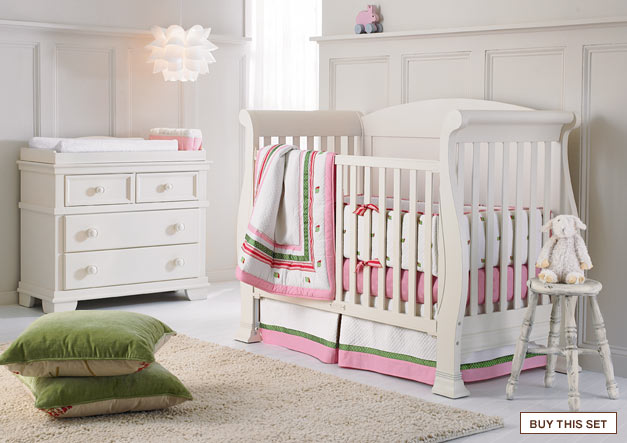 view in a room: sleeping snail: pretty polka-dots and sweet snails decorate supersoft quilted cotton. buy this set.