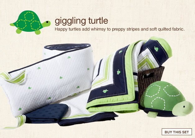 the pieces: giggling turtle. happy turtles add whimsy to preppy stripes and soft quilted fabric. buy this set.