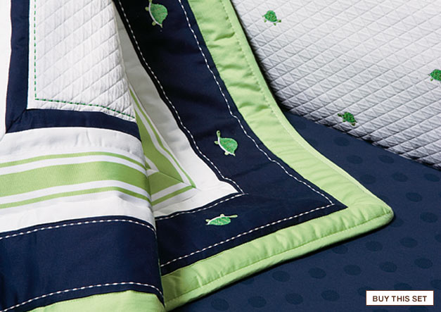 look closer: giggling turtle. happy turtles add whimsy to preppy stripes and soft quilted fabric. buy this set.