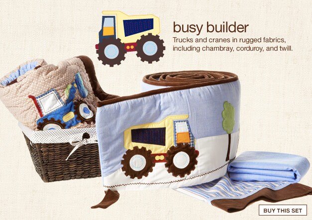 the pieces: busy builder: trucks and cranes in rugged fabrics, including chambray, corduroy, and twill. buy this set.