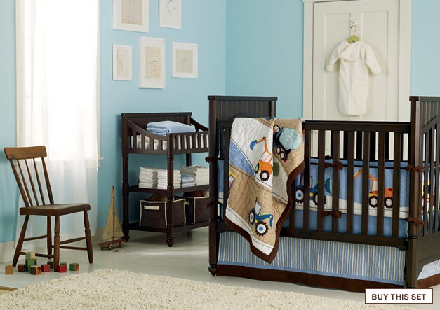 view in a room: busy builder: trucks and cranes in rugged fabrics, including chambray, corduroy, and twill. buy this set.