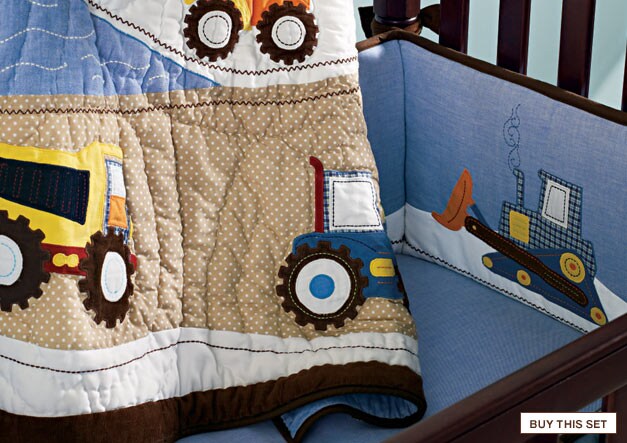 look closer: busy builder: trucks and cranes in rugged fabrics, including chambray, corduroy, and twill. buy this set.