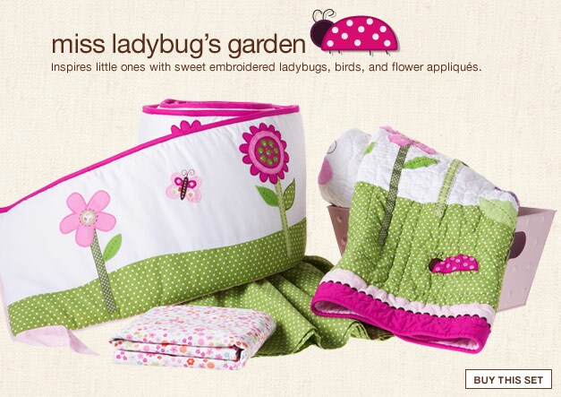 the pieces: miss ladybug's garden: inspires little ones with sweet embroidered ladybugs, birds, and flower appliuq&eacute;s. buy this set.