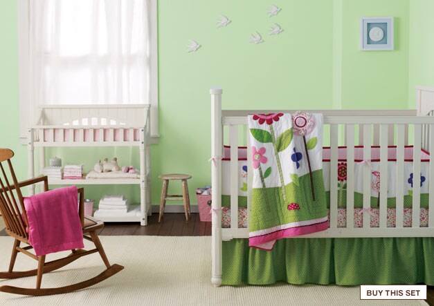 view in a room: miss ladybug's garden: inspires little ones with sweet embroidered ladybugs, birds, and flower appliuq&eacute;s. buy this set.