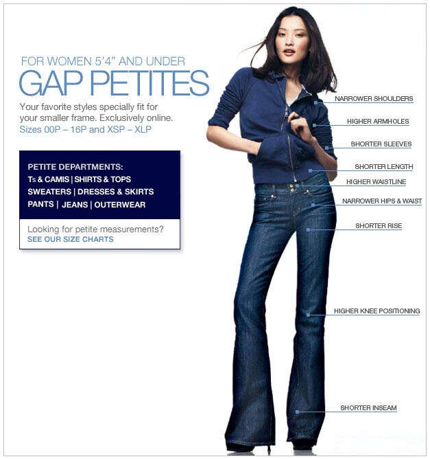 for women 5′4″ and under. gap petites. your favorite styles specially fit for your smaller frame. exclusively online. size 0p - 16p and xsp - xlp. narrower shoulders, higher armholes, shorter sleeves, higher waistline, shorter length, narrower hips & waist, shorter rise, higher knee positioning, shorter inseam.