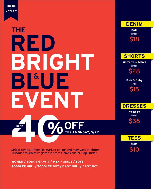 the red bright & blue event up to 40% off thru monday, 5/27
