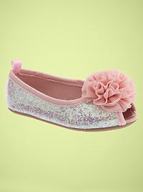 Peep-toe glitter flats
