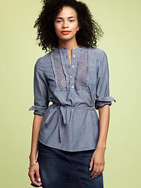 Chambray embroidered henley top
