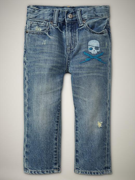 Image number 1 showing, Playdate straight jeans (skull-embroidered light wash)