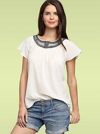 Embroidered flutter-sleeve top