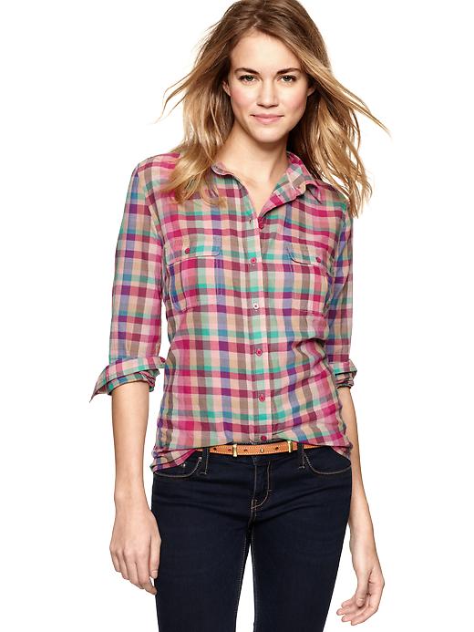 View large product image 1 of 1. Colorful plaid pocket shirt