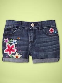 Embroidered flower denim shorts (dark wash)