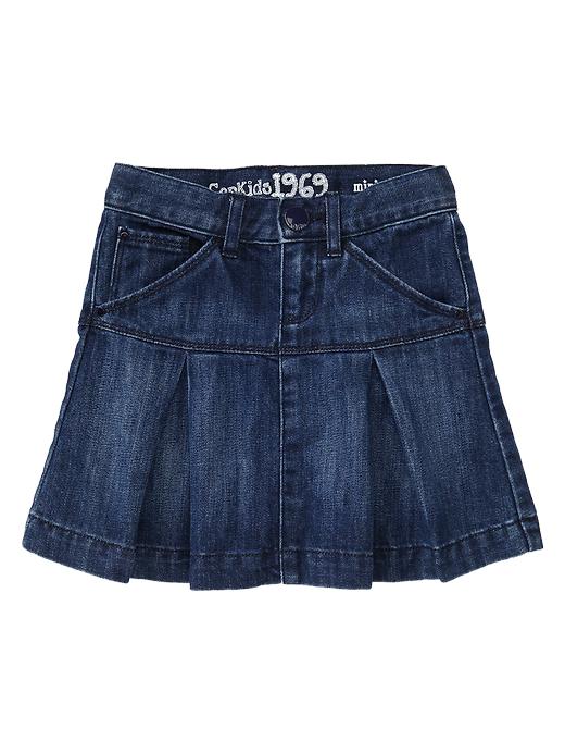 View large product image 1 of 1. Pleated denim mini skirt (dark wash)