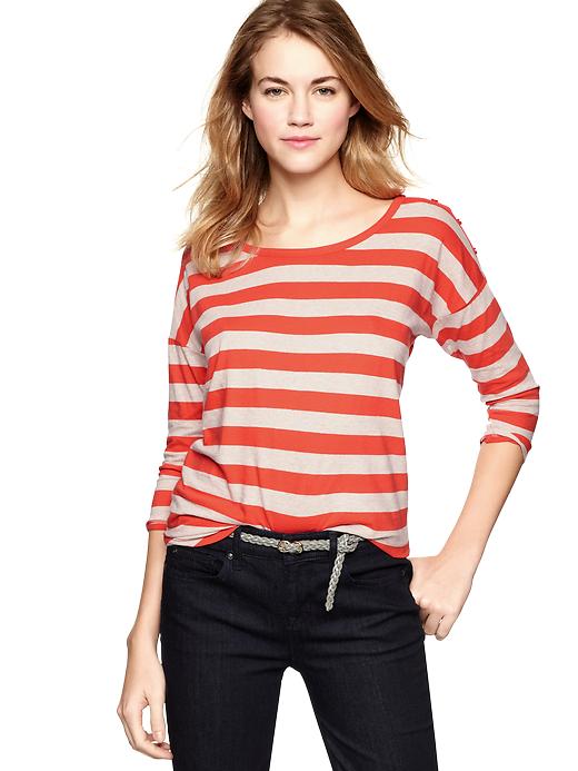 View large product image 1 of 1. Striped button-shoulder T