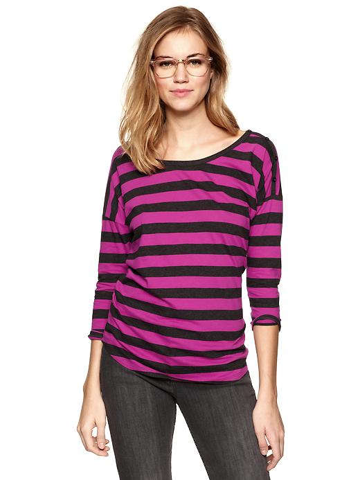 View large product image 1 of 1. Striped button-shoulder T