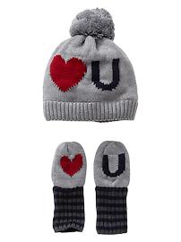 Intarsia love hat and mitten set