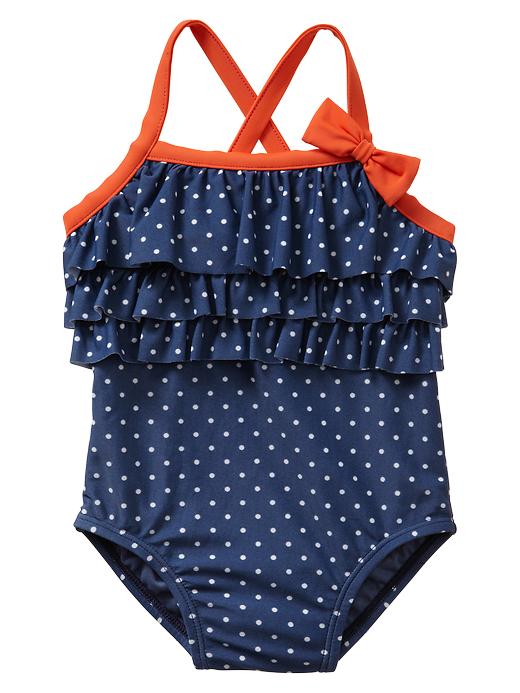 View large product image 1 of 1. Ruffle dot one-piece