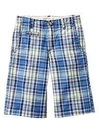 Blue plaid flat-front shorts
