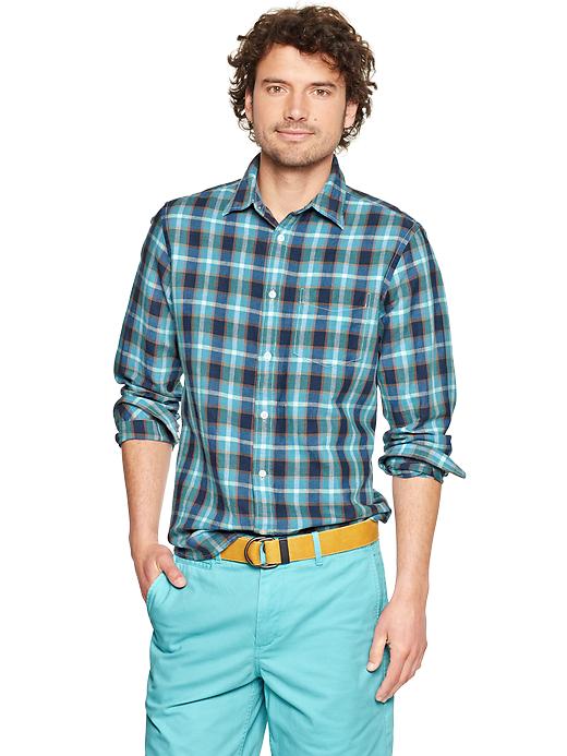 View large product image 1 of 1. Linen patch pocket plaid shirt