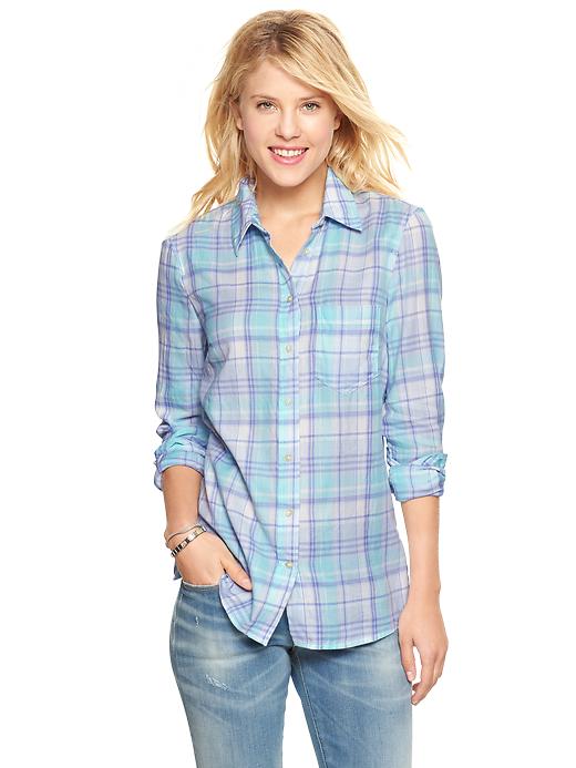 View large product image 1 of 1. Fitted boyfriend plaid flannel shirt