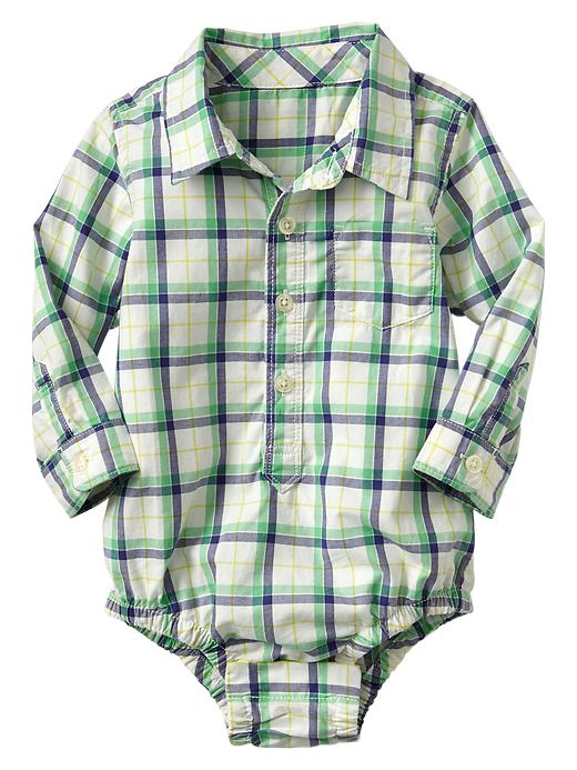 View large product image 1 of 1. Plaid button-up bodysuit