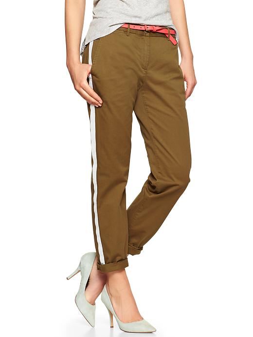 View large product image 1 of 1. Tuxedo-stripe broken-in straight khakis