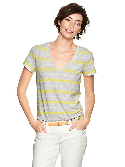 View large product image 1 of 1. Essential multi-color stripe V-neck tee