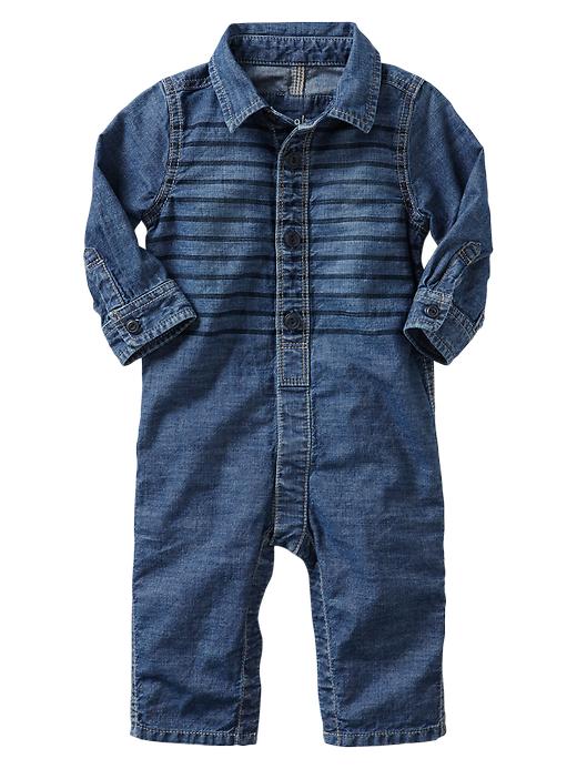 View large product image 1 of 1. Stripe denim one-piece