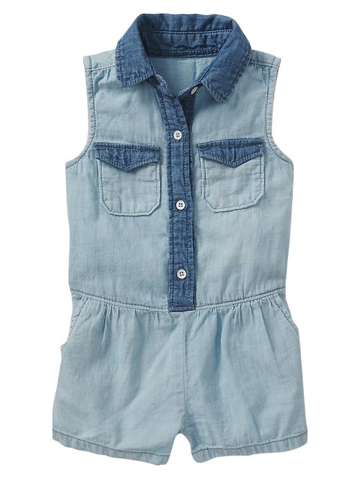 View large product image 1 of 1. Colorblock chambray romper