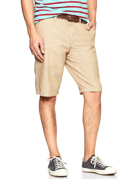 View large product image 1 of 1. Linen-cotton flat front shorts (11")