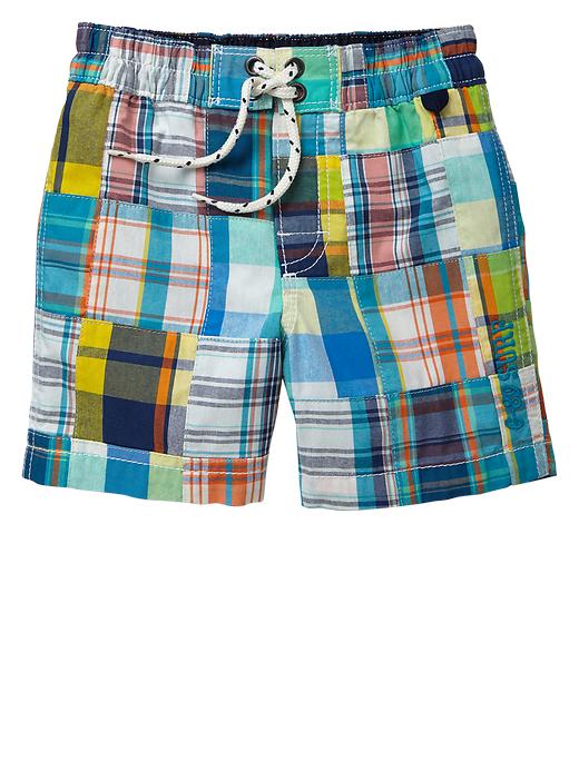 Image number 1 showing, Patchwork plaid swim trunks
