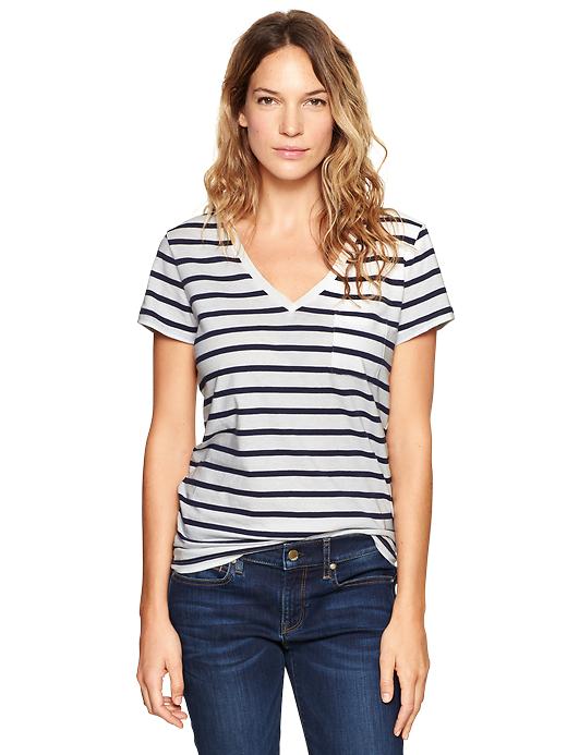 View large product image 1 of 1. Essential stripe pocket V-neck tee