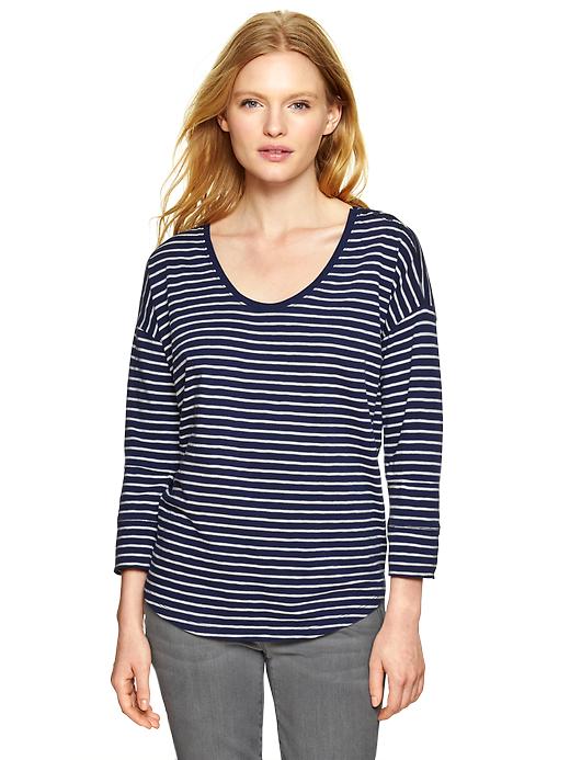 View large product image 1 of 1. Three-quarter sleeve stripe tee