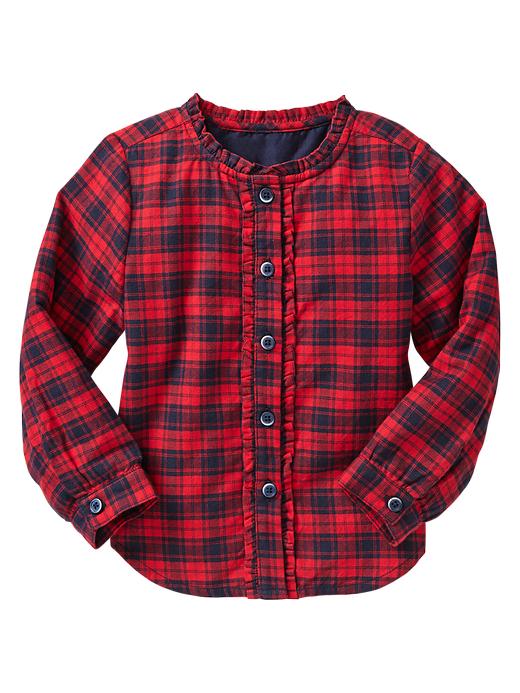 View large product image 1 of 1. Plaid ruffle-trim shirt